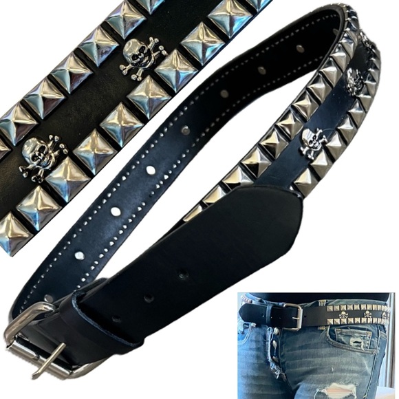 Hot Topic Accessories - Hot Topic Y2K Skull & Crossbones Black Leather Belt with Silver Buckle 36” Goth